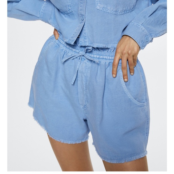 Mango pull on denim style paper bag high waisted shorts with drawstring - Picture 2 of 8
